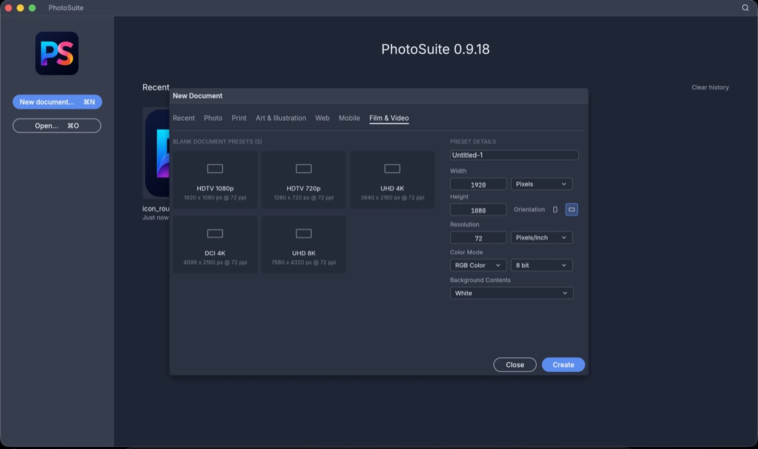 Start screen & New Project — PhotoSplice screenshot