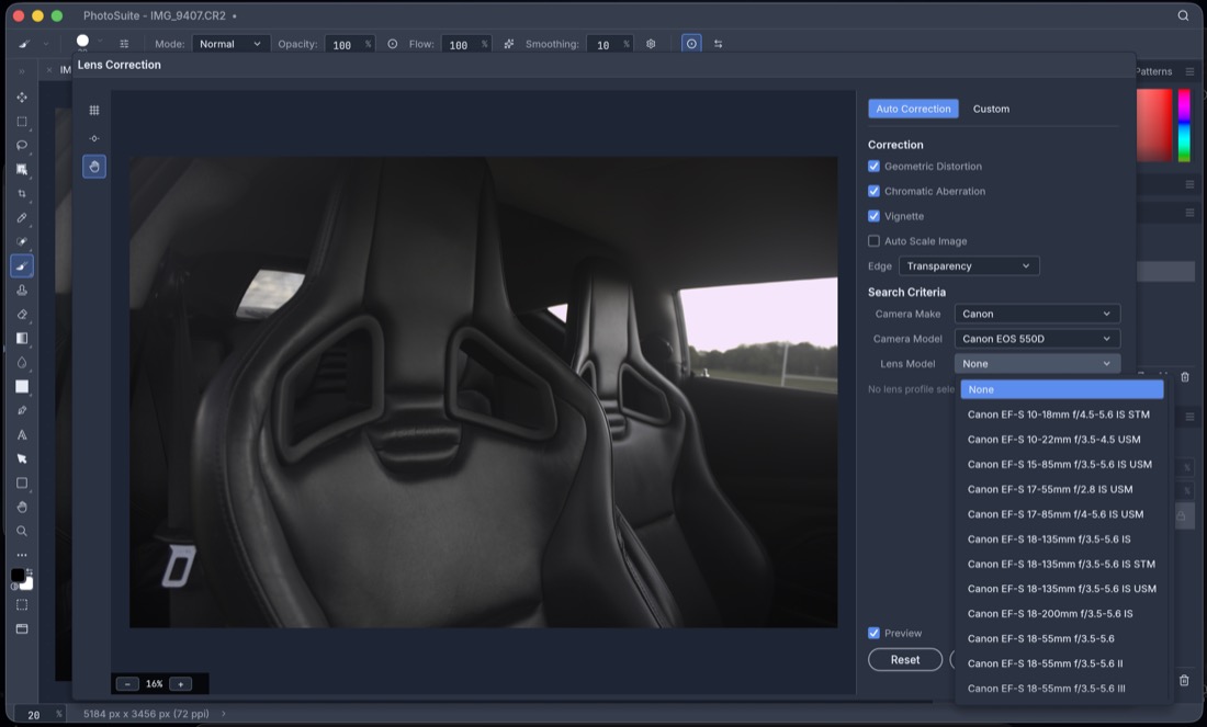 Lens correction, from the database — PhotoSplice screenshot