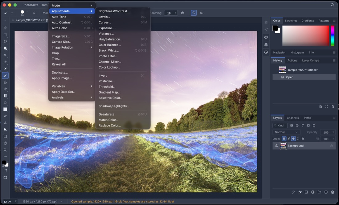 Native menus, complete adjustments — PhotoSplice screenshot